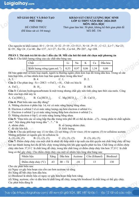 Đề thi thử THPT môn Hóa lần 1 năm 2025 Sở GD Phú Thọ